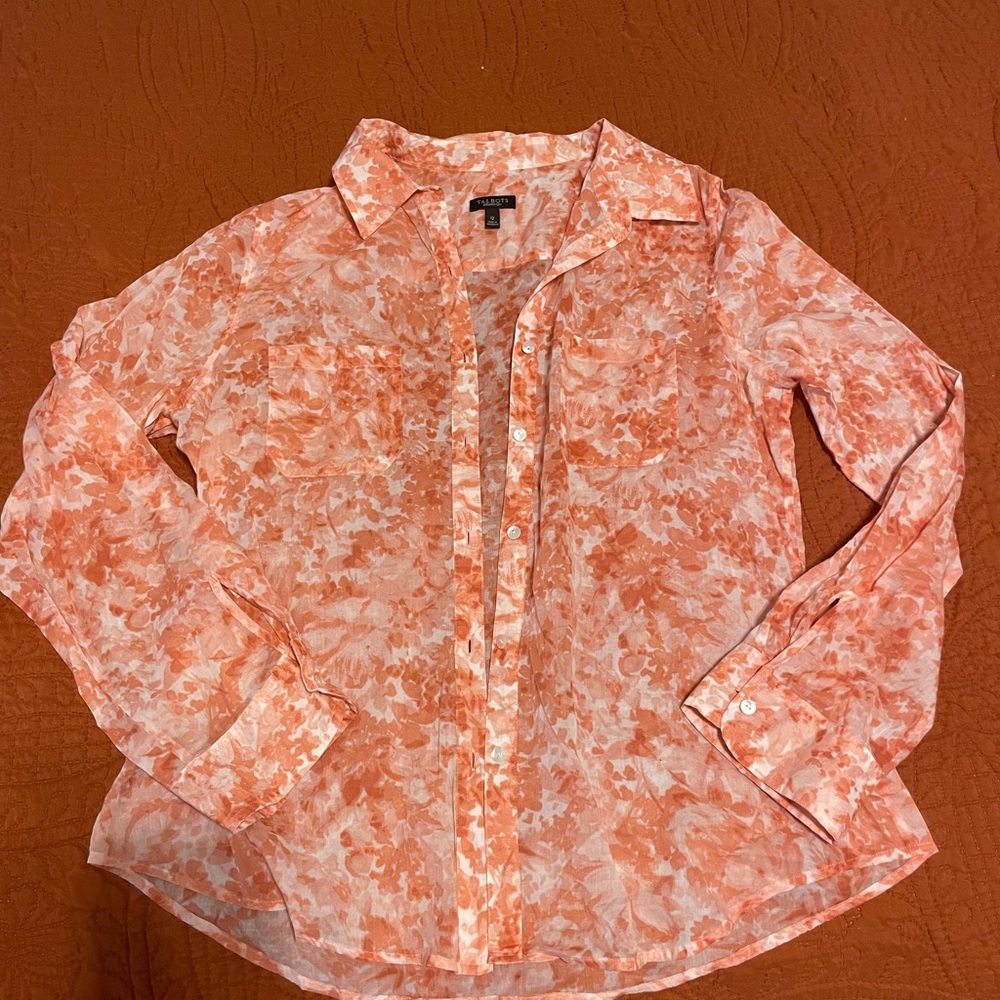 Talbots Orange Floral Sheer Button Down Shirt